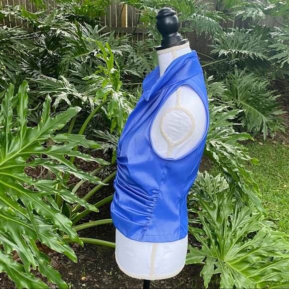 TADASHI shimmering blue plunging neck line roughed front collared cropped top - Picture 3 of 16